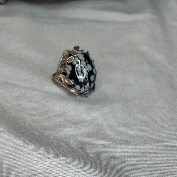 Black and White Snowflake Obsidian Statement Ring - Silver Tone - Picture 1 of 5